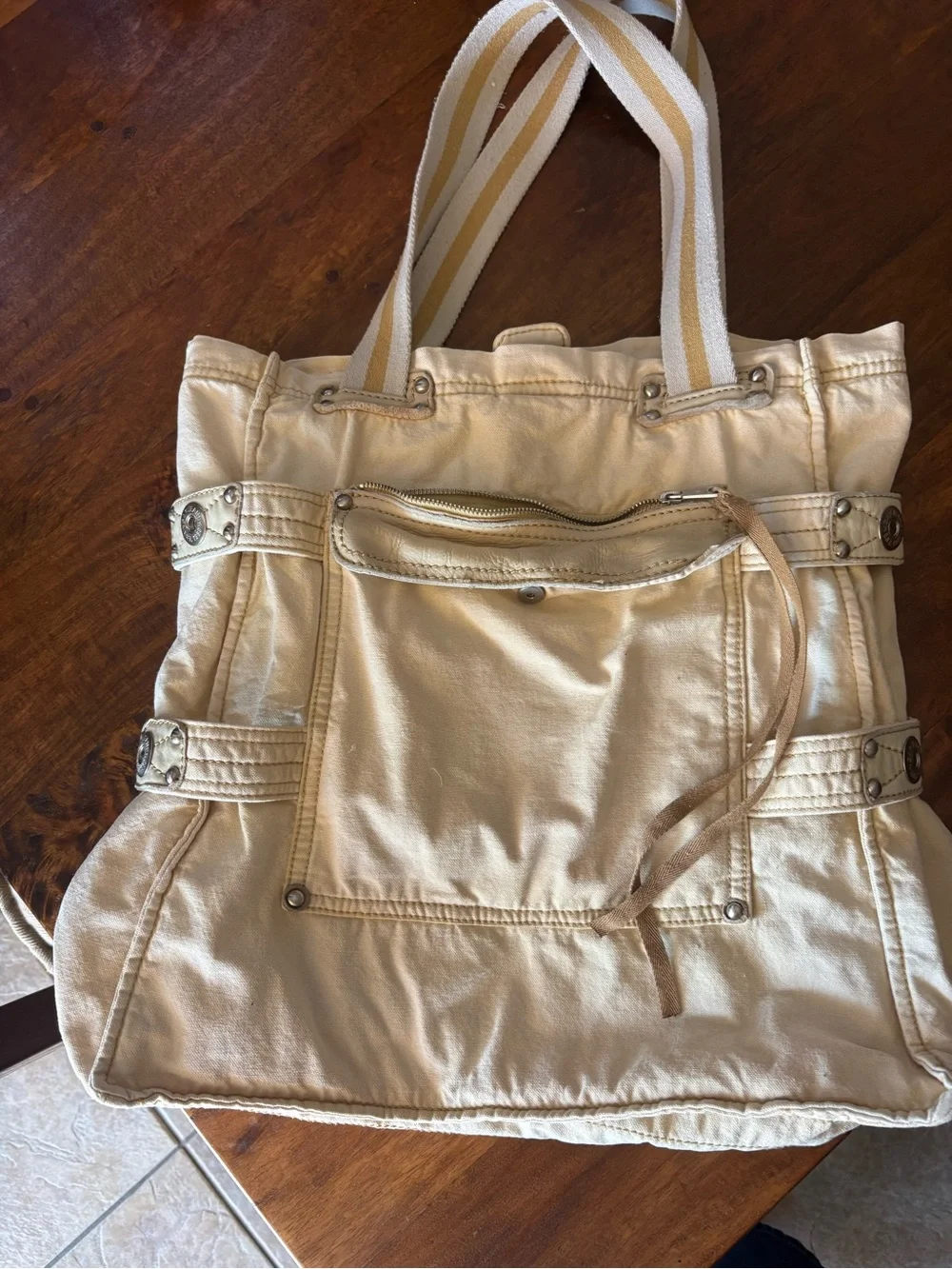 GAP Cream Canvas and Leather Tote with Front Zip Pocket and Striped Handles